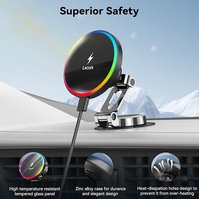 Lecork for Magsafe Car Mount Charger, 15W Magnetic Wireles Car Charger for iPhone 17 pro max 14 15 16 Series, Stick On Dashboard Phone Holder for Samsung S26 Ultra, Zinc Alloy Shell, Black