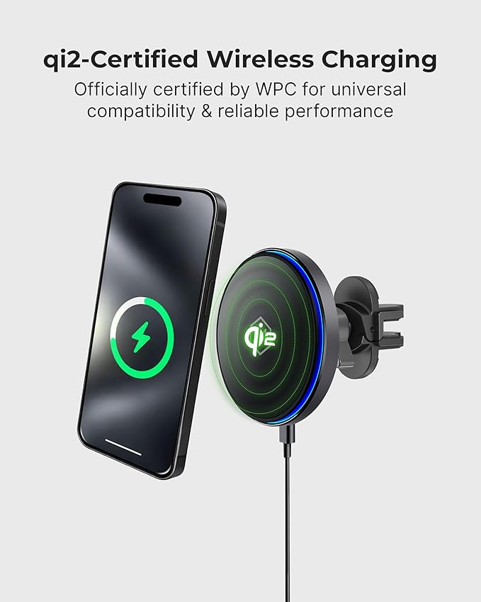Mag Switch Qi2 Mag Safe Wireless Car Charger Air Vent Mount, 15W Fast Charger with a built in on/off switch for charging, Strong N52 Magnets, Compatible with iPhone 14/15/16/17 Iphone Air