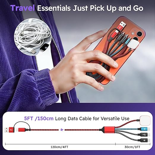 Travel Essentials 4in2 Multi Charging Cable for iPhone Watch Charger,USB A/C to 3 Type C/iWatch Charger,Charging Cables for Multiple Devices Compatible with iWatch 11-1/Ultra/SE&iPhone 17-12 5FT