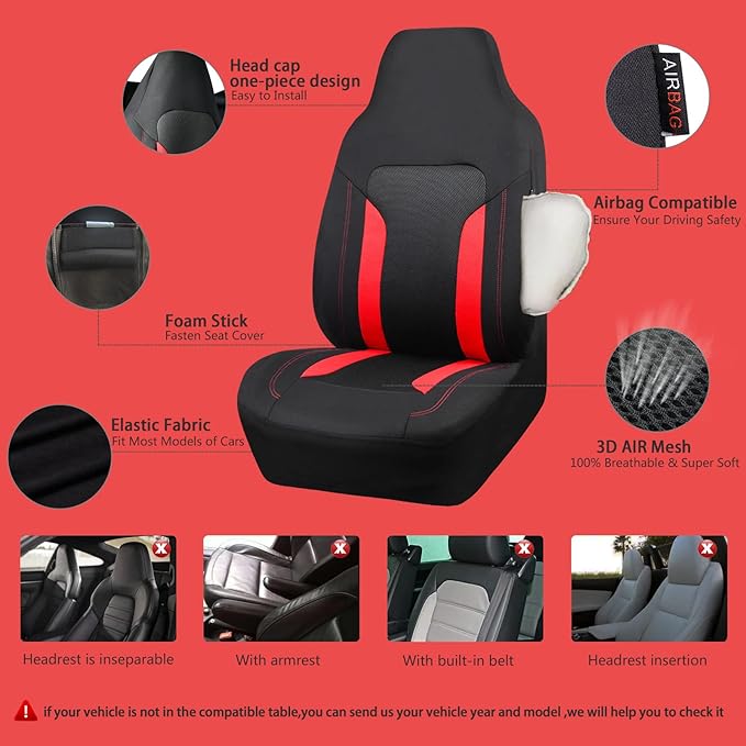 CAR PASS Bucket Car Seat Cover, Breathable 3D Air Mesh-100% Sporty Fabric Front Seats, Airbag Compatible, Universal Fit Automotive SUV Truck Sedan Vans Women, High Back Two Front 2 Piece, Black Red