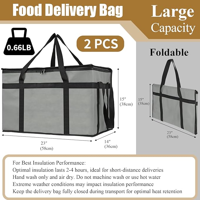 PEASUG 2PCS Insulated Bags for Food Delivery, XXXL Pizza Delivery Bags, Large Capacity Cooler Bag Keep Food Warm for Grocery Shopping and Catering, Foldable, Heavy-Duty (Grey)