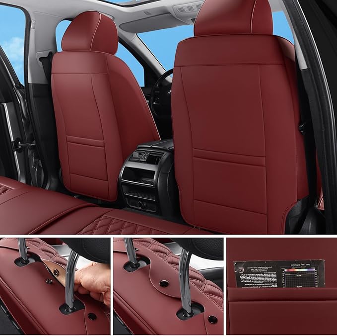 Car Seat Covers Full Set Burgundy, Luxury Faux Leather Waterproof Women Non-Slip Seat Protector Universal Fit for Most Cars SUVs Trucks Pick-ups Car Accessories Interior (Wine Red-Full Set)