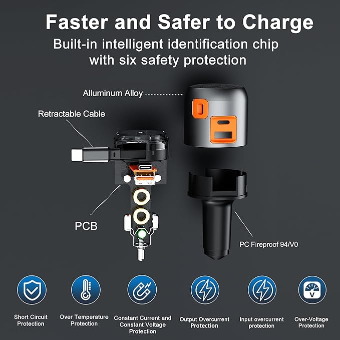 60W Retractable Car Charger, 3-in-1 USB-C Fast Charging Cigarette Lighter Adapter with Built-in Retractable Cable, Compatible with iPhone 16/15 Pro Max, Galaxy S25, iPad(Black)