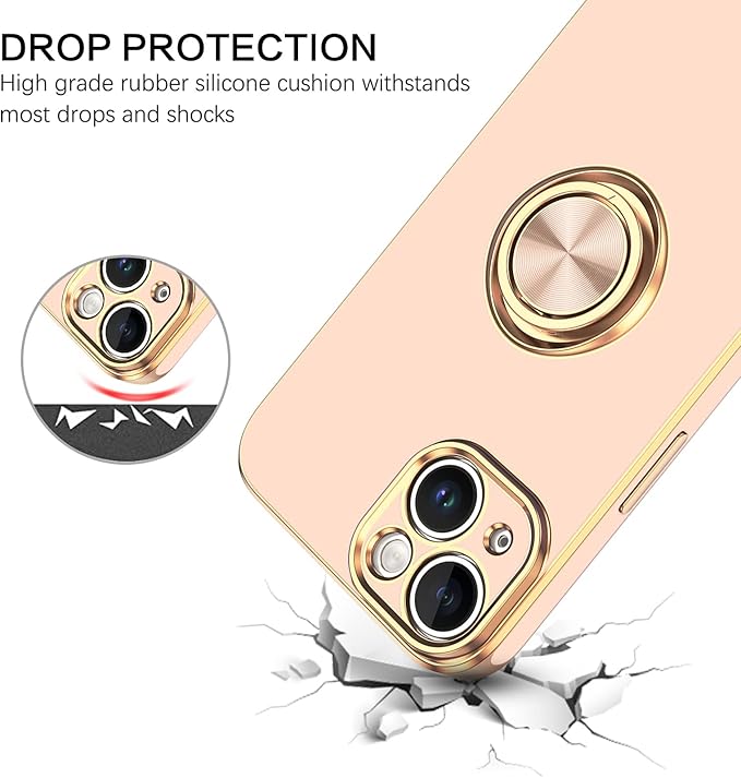 VENINGO Compatible with iPhone 14 Case, Slim Fit Soft 360° Ring Holder Kickstand Magnetic Car Mount Supported Easy Clean Shockproof Protective Phone Cover for iPhone 14 6.1" 2022, Pink/Golden