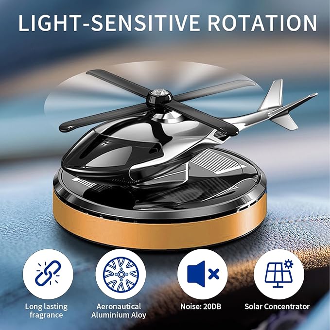 Car Air Freshener, Helicopter Solar Energy Rotating Aromatherapy Al Alloy Diffuser,Long-Lasting Fragrance, Interior Decoration Accessories Diffuser for Car and Home（Gold)