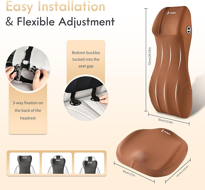FLORICH Memory Foam Seat Cushion for Car and Lumbar Support Headrest Pillow Ergonomic Car Seat Back Support Neck Pillow for Driving Truck Driver Seat Cushion Lumbar Pillows for Back Pain Relief, Brown
