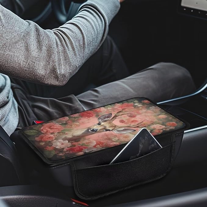 Deer and Floral Print Car Armrest Cover Comfortable Car Armrest Storage Box Mat Wear-Resistan Car Armrest Cover Cushion Car Interior Accessories Protector