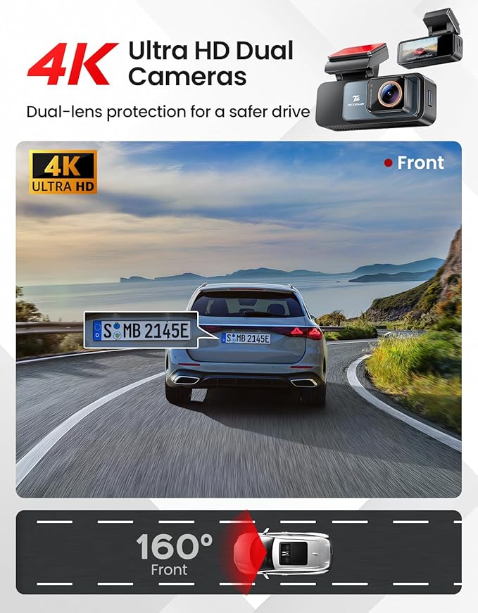 TECXLERON Dash Cam, 4K Full HD Dash Camera for Cars, Built-in GPS and Wi-Fi, 64GB SD Card Included, 160° Wide Angle Lens, Night Vision, G-Sensor, Loop Recording, 24H Parking Monitor