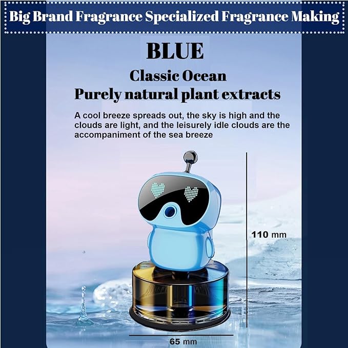 Robot Intelligent Aromatherapy Machine, Smart Cute Robot Car Air Freshener, Fine Spray/Fillable/Four-Gear Adjustment/Vibration Sensing/On-Off/Large Capacity Long-Lasting Fragrance/V1 (Blue, Ocean)