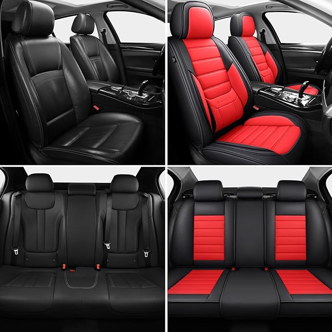 Car Seat Covers Full Set,Black White Car Seat Cover, Car Seat Protector Waterproof, Nappa Leather Car Seat Cushion Fit for Most Cars Red