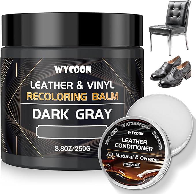 Leather Recoloring Balm with 100ml Mink Oil Conditioner | Dark Gray Repair Kit, Dye & Color Restorer for Furniture, Sofa, Car Seats, Bags | Restore Faded & Scratched Surfaces