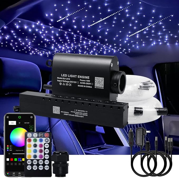 AKEPO 16W 550pcs 13.1ft/4m 0.03in Fiber Optic Starlights Headliner Kit with Meteor, Shooting Star Car Home Use APP/Remote Control Music Sync Fiber Optic Lights Kit