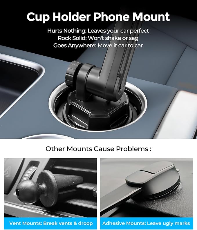 Dual Car Cup Phone Holder - Holds 2 Phones Simultaneously, 1-Second Grab & Release, 360° Rotatable, car Phone Mount Compatible with MagSafe，Fits iPhone/Samsung & 4.0-7.0 Inch Smartphones