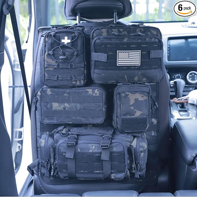 Universal Tactical Car Seat Back Organizer Bag Tactical Molle Vehicle Organizers Panel Vehicle Protector Organizers with 5 Detachable Pouches for Car Truck Ford Jeep (Upgraded C model Black camo)