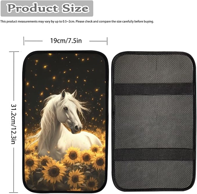 Neoprene Car Center Console Pad Horse Sunflower Print Armrest Cushion Cover Dust-Proof Armrest Seat Box Cover for Most Vehicles Decorative Car Accessories for Women Men