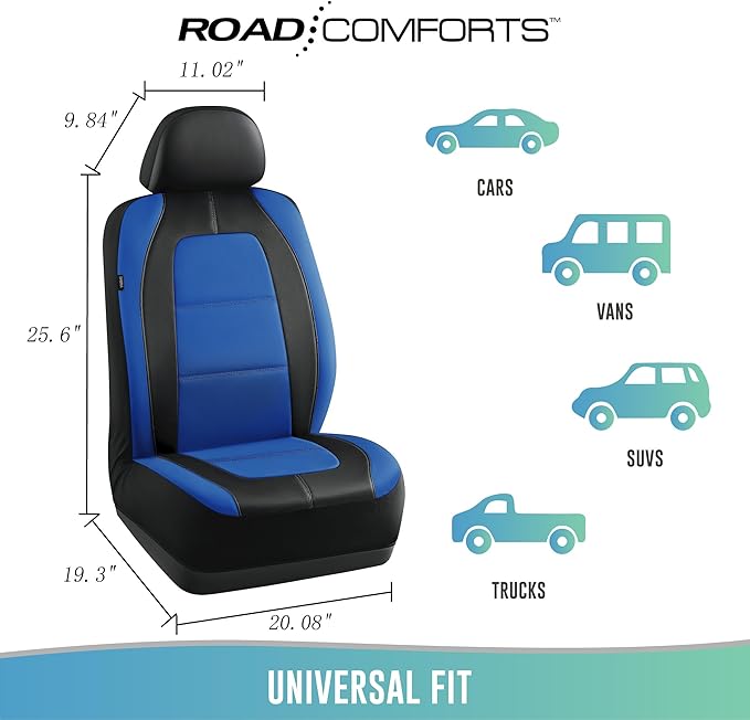 Road Comforts Car Seat Cover, Leather Car Seat Covers, Front Low Back Sport Seat Covers, Airbag Compatible, Universal Fits for Most Cars (Blue)