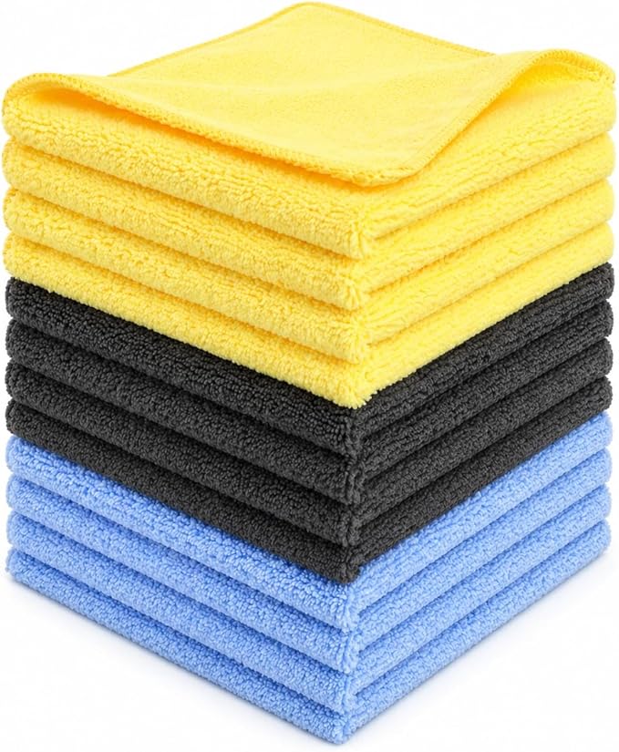 Premium Microfiber Towel for Cars 12 Pack, 400GSM, Quick-Dry, Scratch-Free, High and Low Pile Surface, Gray, Yellow, Blue,16 x 16 Inches, for Car Detailing and Household Use