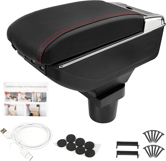 Center Console Armrest Compatible with Mini Cooper Coupe R50 R52 R53 R56 R57 R58 F55 F56 F57 Countryman with 7 USB Port Cup Holder Double Layer Organizer Storage Box (Black with Red Line)