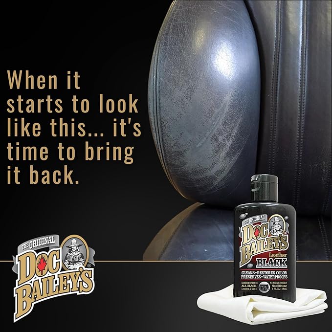Doc Baileys Black Leather Detail Kit - All-in-One Leather Cleaner, Conditioner, Dye & Waterproofer - Restores Faded Black Leather, Vinyl & Rubber for Motorcycle Seats, Jackets, Boots & Cars 4oz