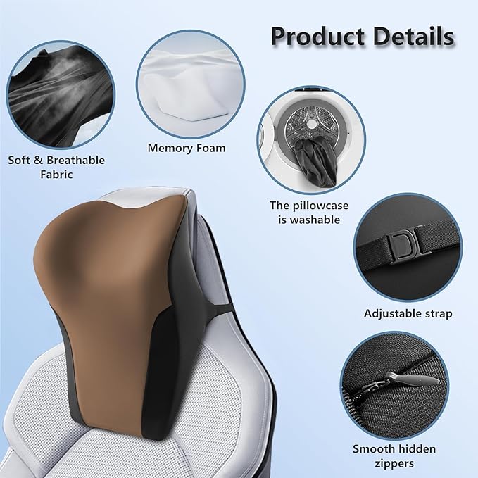 BABUR Car Headrest Pillow | Ergonomic Memory Foam Neck Shoulder Support Pillow with Adjustable Design & Enlarged Surface | Pain Relief for Driving Travel Sleeping | Brown 1 Pack