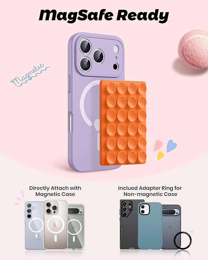 amBand Magnetic Sticky Phone Suction Grip for MagSafe, Removable for Wireless Charging, Durable Magnet Silicone Portable Mount Stand for iPhone 12 13 14 15 16 17, Hands-Free Video/Selfie, Orange
