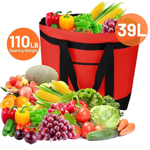 CIVJET Insulated Reusable Tote Bag for Grocery Shopping for Women, Pizza/Food Delivery Bag to Keep Food Cold/Hot for Commercial Food Transport, Cooler bags for Travel/Beach/Picnic, Non-Waterproof, Red