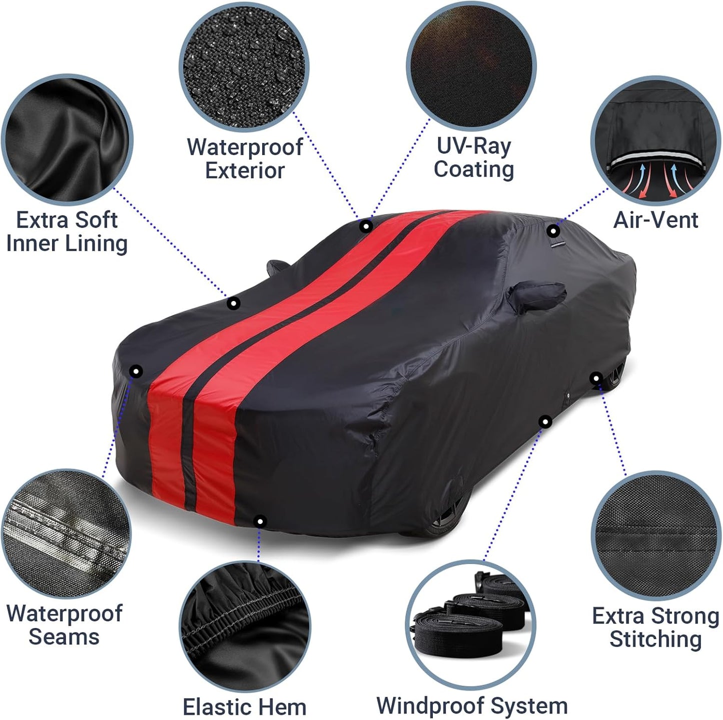 iCarCover Custom Car Cover for Pontiac Sunfire Sedan, Convertible (1995-2002) Waterproof All-Weather Rain Snow UV Sun Protector Full Exterior Indoor Outdoor Car Cover (Stripe - Black/Red)