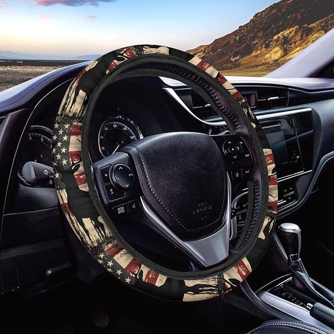 SEANATIVE Deer American Flag Car Steering Wheel Cover for Women Breathable Anti Slip Auto Steering Wheel Covers fit Standard Size 15inches