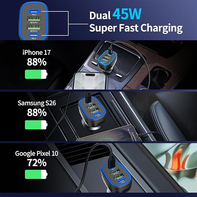 90W 4 in 1 USB C Super Fast Car Charger for iPhone 17 Pro Max/Air/16/15/iPad, Samsung S26, Pixel Android Phone, Dual 45W Type C & QC3.0, 12V Multi Port Cigarette Lighter Adapter + 2 USBC Cord 3.3ft