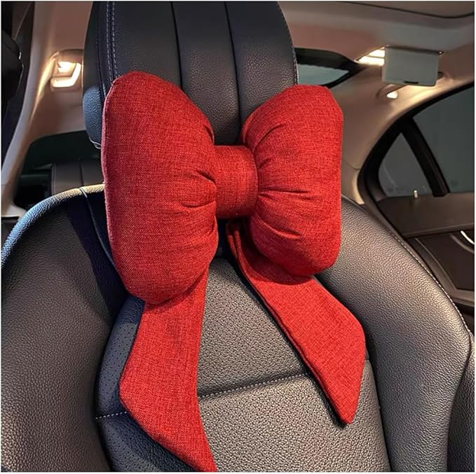 Bow Car Headrest Pillow, Breathable Memory Foam Vehicle Neck Pillow with Adjustable Strap, Ergonomic Auto Neck Support Cushion for Pain Pressure Relief, Universal for Most Cars (Red)