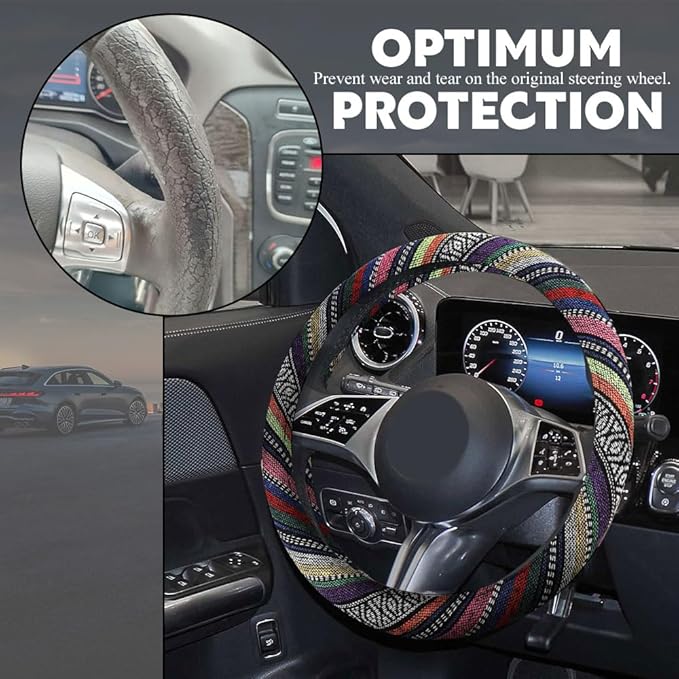 Boho Steering Wheel Cover, Steering Wheel Cover Women, 15 inch Hippie Style Protector Covers, Universal Ethnic Flax Cloth Car Accessories Universal for SUV Van Truck (Hippie-B)