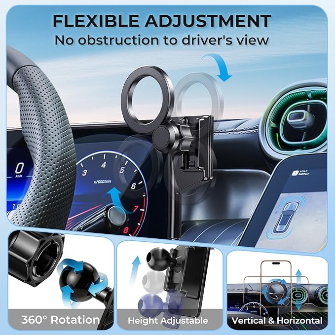 Car Phone Holder for Mercedes Benz GLC 2023-2026 & C-Class 2022-2026 (Only for 12.3-Inch Screen) 360° Rotation Magnetic Cell Phone Mount, Compatible with Magsafe, Does Not Affect Air Vent