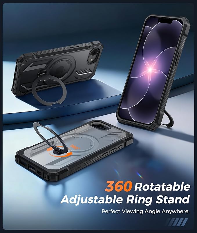 FNTCASE for iPhone 17e Phone Case: for iPhone 16e Case with [360 Spin Magnetic Ring Kickstand] [Compatible for MagSafe] [Screen Protector] Heavy Duty Military Grade Protection Case Translucent Black
