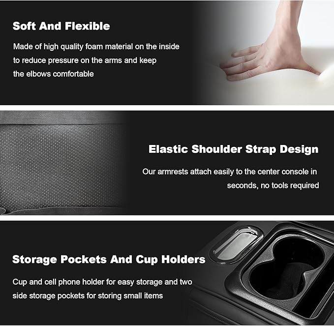 Car Center Console Armrest Pillow, Multifunctional Armrest Box Cover with Cup Phone Tissue Holder & Side Pockets, Waterproof Leather Middle Console Cushion for Most Vehicles (Black, Normal)