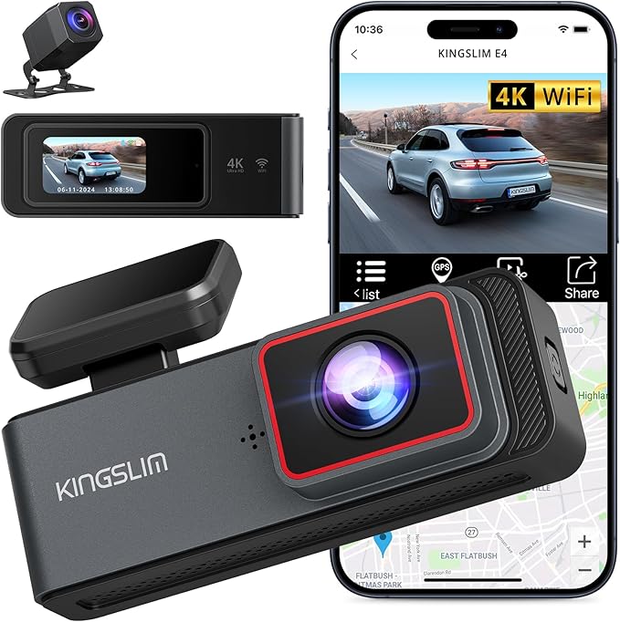 Kingslim E4 4K Dash Cam Front and Rear, WiFi Front 4K Rear 1080P Dual Dash Camera for Cars, Mini Dashcam with APP Control, Night Vision, Parking Mode