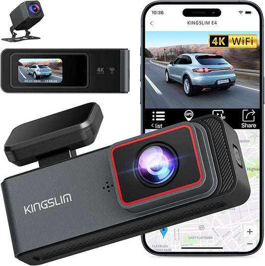 Kingslim E4 4K Dash Cam Front and Rear, WiFi Front 4K Rear 1080P Dual Dash Camera for Cars, Mini Dashcam with APP Control, Night Vision, Parking Mode