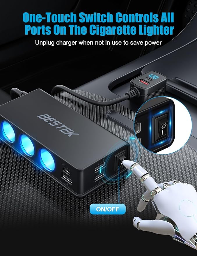 BESTEK 9 in 1 Cigarette Lighter Splitter 148W 3-Socket Car Cigarette Lighter PD30W and 4 USB-A QC3.0 18W with LED Display 12V/24V Cigarette Lighter Adapter for Dash Cam, GPS, iPad/Laptop/Phone