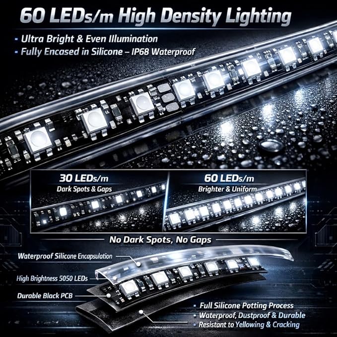 12V Marine Boat LED Light Strip Super Bright, 2 Pack 6.56FT IP68 Fully Waterproof RV Front Cap Lights, Golf Cart Underglow Roof Lights Strip for Truck ATV UTV SUV Car Pickup Trailer, Cuttable, White