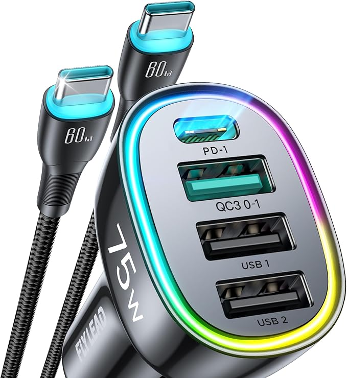 75W Car Charger USB C, 4 Port Super Fast Cigarette Lighter USB Charger, Type C 60W & QC 3.0 Multiport Car Phone Adapter Accessories for iPhone 17/16/15/14 Samsung S26 Series with 3.3ft 60W USB C Cable