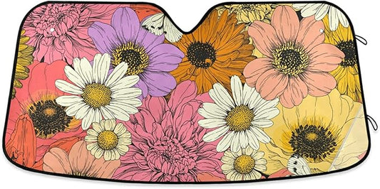 Colorful Flowers Sunflower Car Windshield Sun Shade Chamomile Dahlia Lily Anemone Foldable UV Ray Sun Visor Protector Sunshade to Keep Your Vehicle Cool (55" x 27.6")