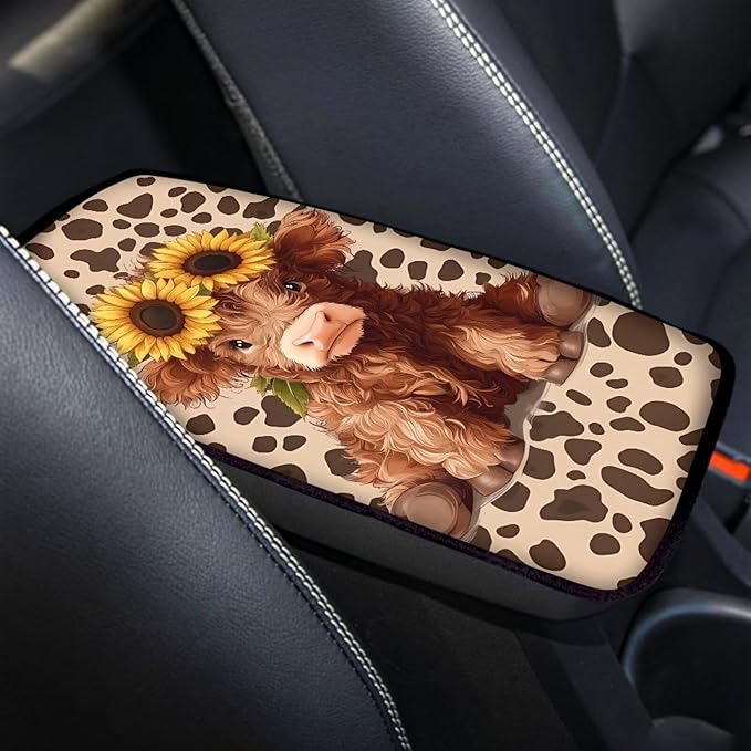 Dreaweet Car Center Console Cover Cute Highland Cow Car Accessories Arm Rest Cover for Car Women Soft Comfortable Car Armrest Storage Box Mat Easy to Install