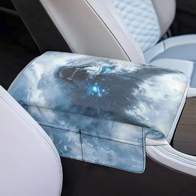 Universal Center Console Armrest Wolf Print Soft Armrest Pad Protective Cover Fit for Most Vehicle,SUV,Truck Car Accessories for Women Men