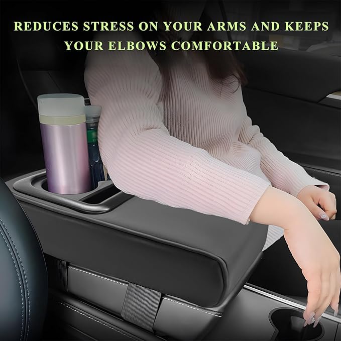 Car Center Console Armrest Pillow, Leather Auto Arm Rest Cover Protector with Cup Holder and Phone Holder, Memory Foam Armrest Cushion for Most Vehicles (Black, Glossy)