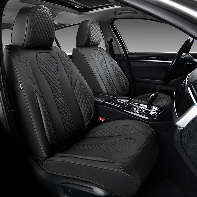 KEYOOG Car Seat Covers Full Set, 2-Seater Waterproof and Breathable Nappa Leather, Fit for Front Seats of Cars, Compatible with Airbags, Car Seat Protector Covers for Most Cars - Pure Black