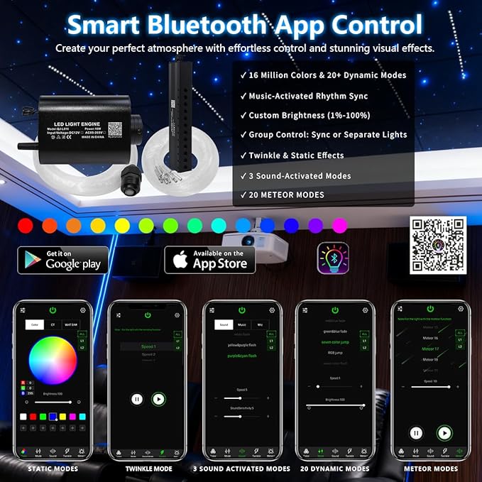 Upgraded 16W Starlight Headliner Kit LED Star Ceiling Stars Fiber Optic Lights Kit 500pcs Sound Activate APP/Remote Control 0.03in 6.5ft Fiber Strands Small Size Star Lights for Car/Home/Party