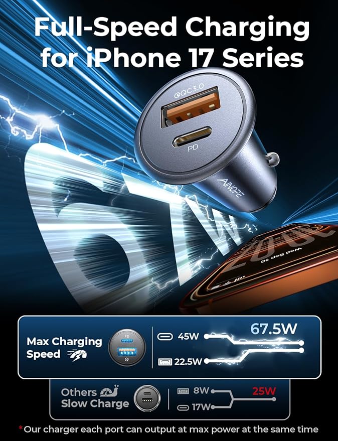 AINOPE 67.5W Super Mini Cigarette Lighter Adapter Car Charger USB C Fast Charging, All Metal PD&QC Type C Car Charger Adapter Outlet Plug Socket for iPhone 17 16 Pro Max 15 14,Samsung S26 S25 Mother's