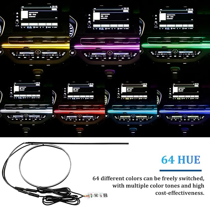 Car LED Strip Lights, 43.3 Inch & 13.8 Inch 2 in 1 64 Colors Music Mode Inside Vehicle Dash Ambient Lighting Kit with Wireless Remote Control, Auto Dashboard Lamp, Universal Fit