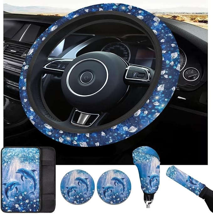 Blue Ocean Car Accessories for Men Women Cute Dolphin Steering Wheel Cover Car Armrest Cover Handbrake Coer Auto Interior Sets