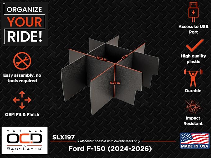 Vehicle OCD - Center Console Organizer for Ford F150 (select 2024-2026 models) (full console w/bucket seats ONLY) - Made in USA - SLX197