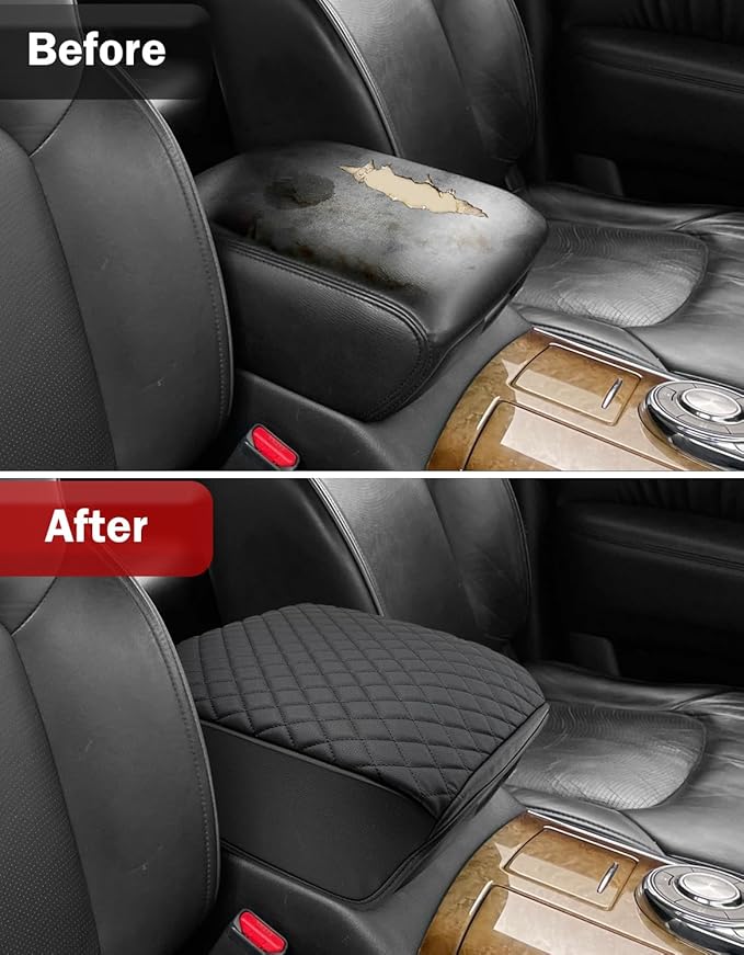 KBH Center Console Armrest Cover for Infiniti QX56, QX80 2011-2017, Interior Accessories, Middle Console Lid Cushion Pad, Arm Rest Cover Protector, Vinyl Leather, Black